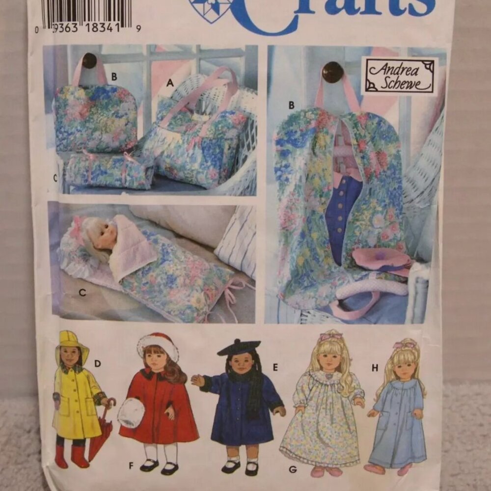 Simplicity 9833 18" Doll Clothes, Tote, Garment Bag. Sleeping Bag